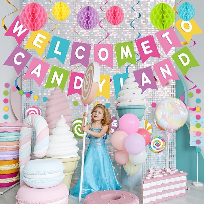 Pasimy Candy Land Party Decoration Welcome to Candy Land Banner with Colorful Honeycomb Balls Candyland Decor Garland Hanging Swirls Set Lollipop Paper Cutouts Dot for Birthday Party Supplies