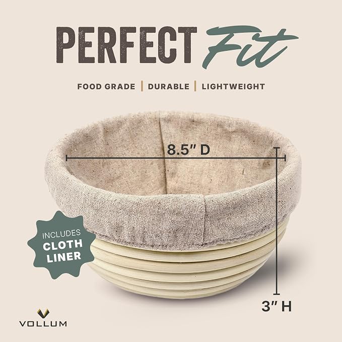 Vollum Banneton Bread Proofing Basket & Liner – Handmade Rustic Sourdough Bread Baking Supplies, Brotform Basket, Sour Dough Tools, Gifts for Bakers - Round - 8.5"D x 3"H