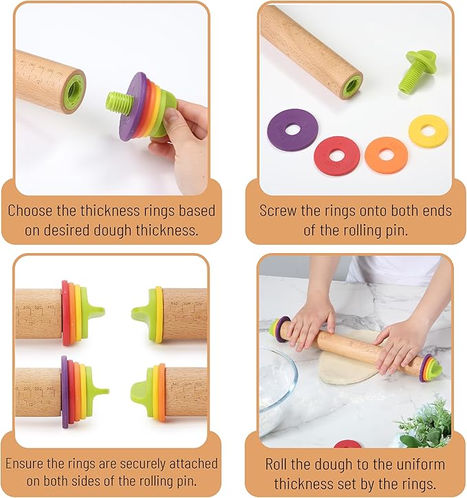 BAMBOO LAND- Adjustable Rolling Pin with Thickness Rings, 13.8", 4 Rings | 2-10 mm / 1/16"-3/8", Wood Rolling Pins for Baking Bread, Pizza Doughs