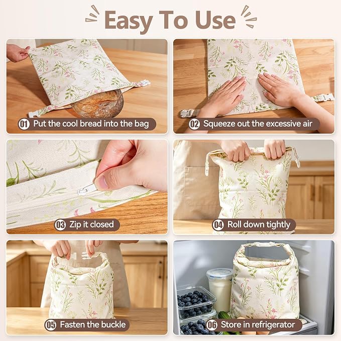 2 Pack Beeswax Bread Bags for Sourdough, Reusable XL Zipper Cotton-Linen Bread Bags for Homemade Bread, Keep Fresh Longer for Bakery, Loaves, Pastry (2, Colorful Flowers)