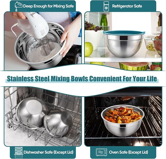 P&P CHEF Mixing Bowls with Airtight Lids Set of 5, 10-Piece Stainless Steel Mixing Nesting Bowl, Metal Bowl with Lid for Kitchen Prepping & Storing, Size 4.6, 3, 1.5, 1, 0.7 QT, Blue