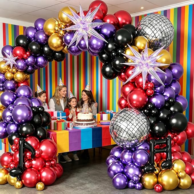 Disco Balloon Arch Kit, Metallic Chrome Red Purple Gold Black Kpop Balloon Garland with Foil Star Music Note Balloons for Kpop Music Decoration 80s 90s Disco Birthday Galaxy Theme Grad Prom Graduation