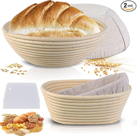 Sourdough Bread Baking Supplies, 2 Pack Banneton Bread Proofing Basket with Liners- 10" Round & 8" Oval, Brotform Proofing Baskets Ideal for Sourdough and Artisan Bread Making