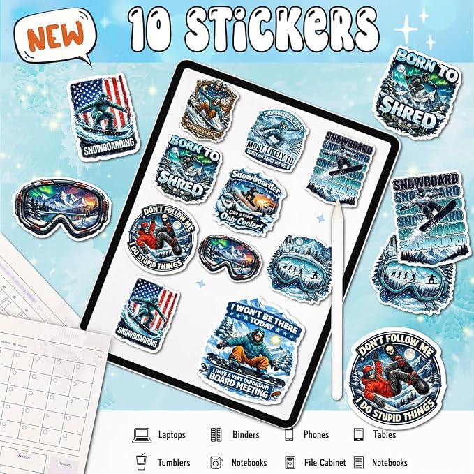 10pcs Snowboarding Stickers Gifts for Snowboarders Ski Lovers Multiple Different Design, Waterproof UV-Resistant for Water Bottle, Laptop, Window, Car