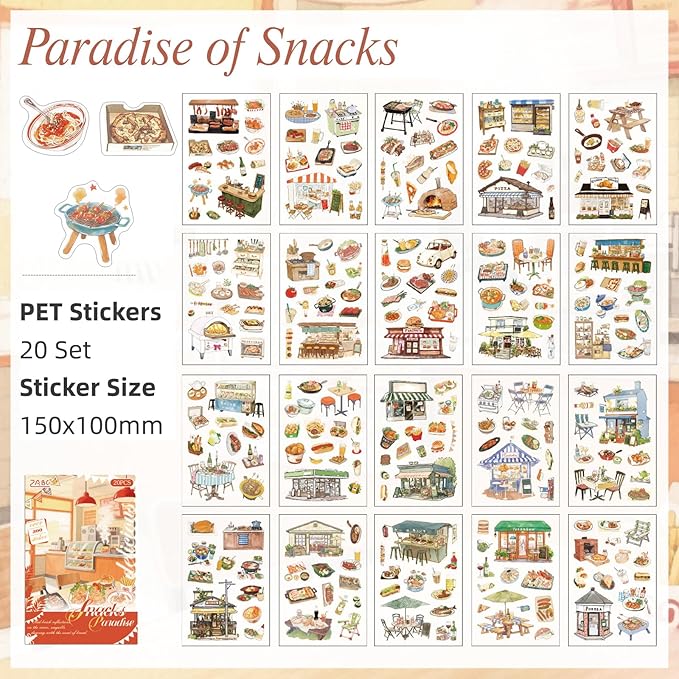 Snacks Series Sticker Scrapbooking Supplies for Junk Journal, 20 Sheets PET Stickers
