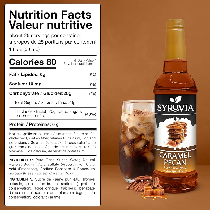 Syruvia Coffee Syrup, Caramel Pecan Flavored Syrup for Drinks, Lattes, and Desserts – 25.4 fl oz - with Pump