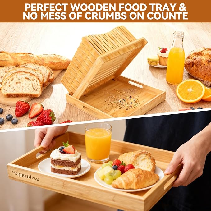 Bamboo Bread Slicer with Crumb Tray, 10.5″ Adjustable Bread Cutter & Bread Slicer Guide for Homemade Bread, Sourdough, Baguette & Sandwich – Foldable Kitchen Tool for Home Bakers
