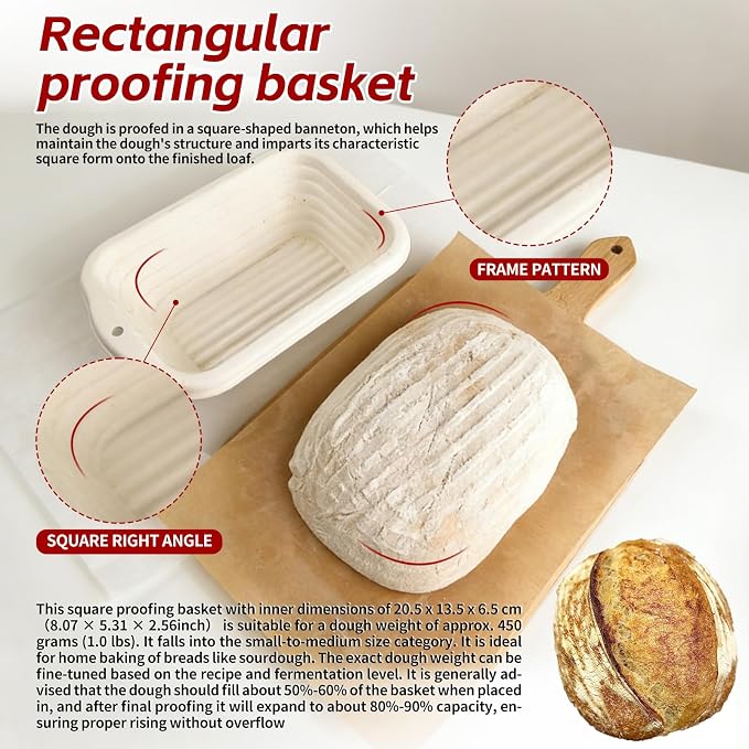 2-Pack Rectangular Bread Proofing Basket Set, 8 Inch Pulp Banneton with Liner, Sourdough Bread Baking Supplies for Professional & Home Bakers