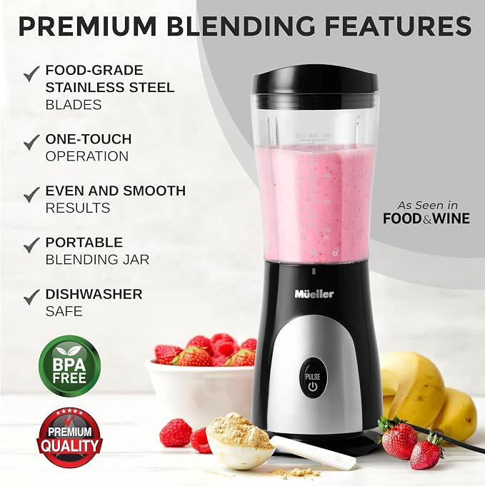 Mueller Smoothie Blender for Smoothies - Personal Blender for Shakes, Frozen Drinks, Baby Food & More, 15oz Travel Cup and Lid, Durable Stainless Steel Blades for Powerful Blending Performance, Black