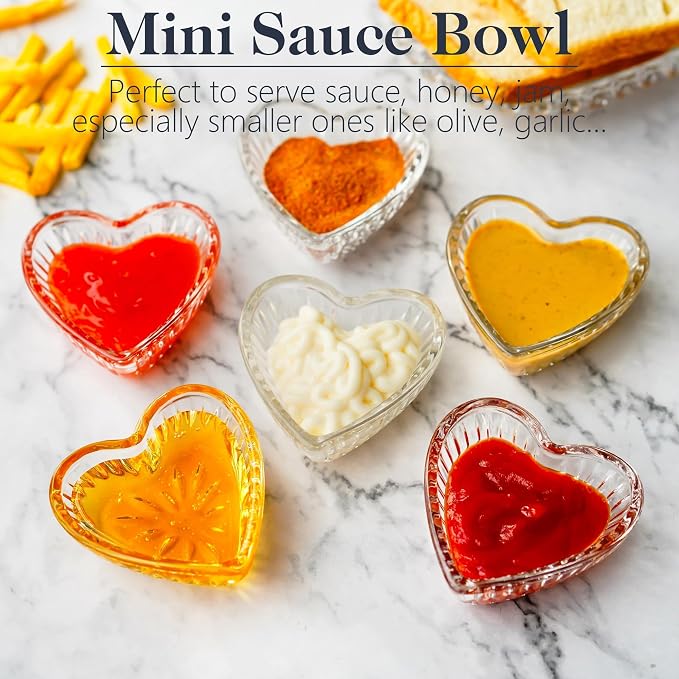kanpura 6 Pack Mini Glass Bowls, 2 oz Dipping Bowls, Heart Small Prep Bowl | Crystal Pinch Bowls for Spice, Sauce, Candy, Dessert, Ice Cream, Dishwasher Safe