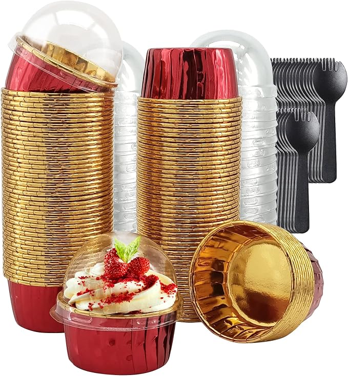 Cupcake Liners with Dome Lids 100 Pack,LNYZQUS 5.5Oz Foil Baking Cups Muffin Tin,Large Cupcake Wrappers Souffle Pudding Ramekin Holders for Christmas Wedding Birthday Party,with Spoons-Red in Gold