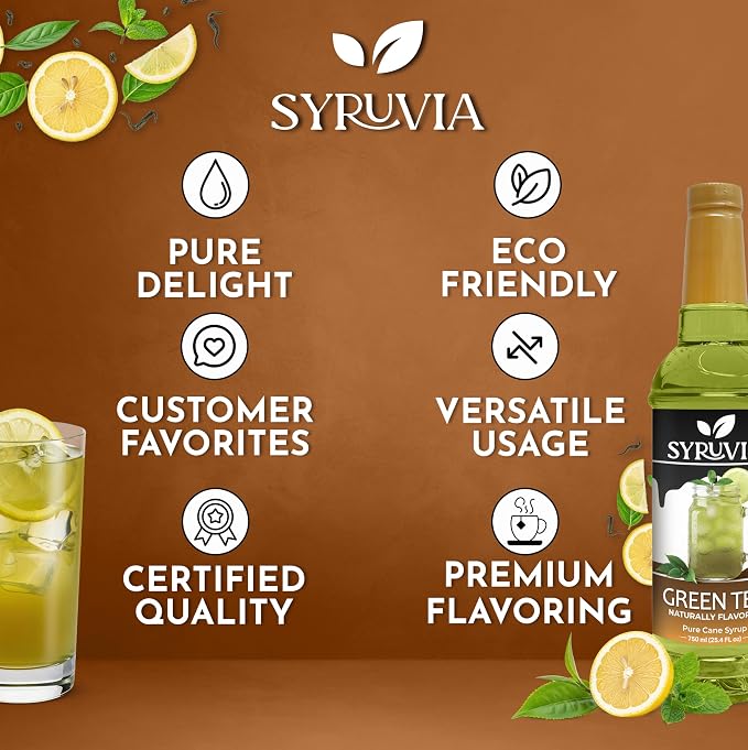 Syruvia Green Tea Syrup, Naturally Flavored Syrup for Teas, Drinks, Lemonades, Iced Teas, and Desserts – 25.4 fl oz - with Pump