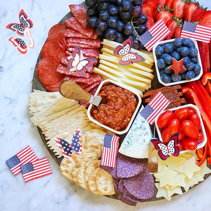 50PCS Edible American Flag Cake Decorations Patriotic Wafer Cupcakes Toppers for 4th of July, Independence Day Parties & Birthday Celebrations (50, American Flag & Butterfly)