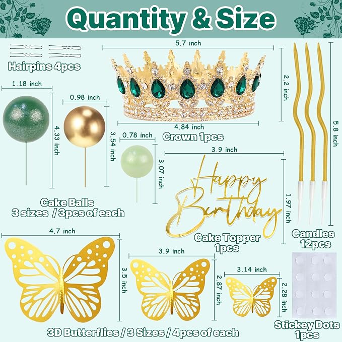 Crown Cake Topper, Green & Gold Crown Balls Happy Birthday Cake Toppers Candles Butterfly, Corona Para Pastel, Crown Cake Decoration for Women Queen Princess Party Wedding (Gold, Green)