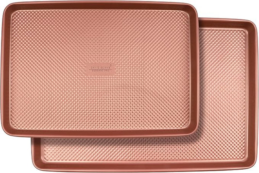 David Burke 17"/15" Cookie Sheets – Carbon Steel, PFTE & PFOA Free, Oven Safe, Non-Toxic, Perfect for Baking and Roasting – Rose Gold (2-Pack)