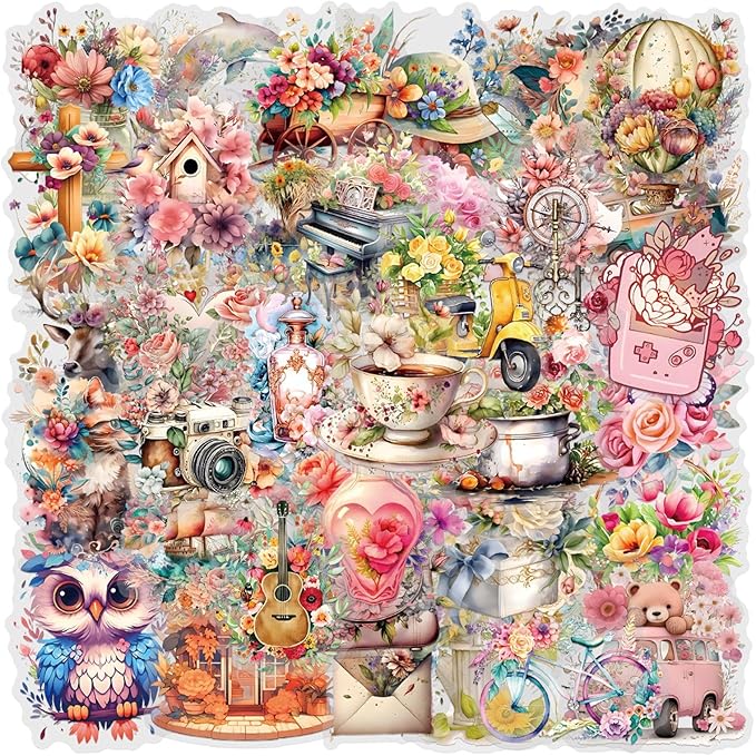 50Pcs Vintage Vogue Watercolor Floral Animal Stickers,PET Transparent Waterproof Girlish Style Sticker Decorative, for Journaling, Decoupage,Planners,laptops,Phone Case,DIY Gift Card Making(Floral)