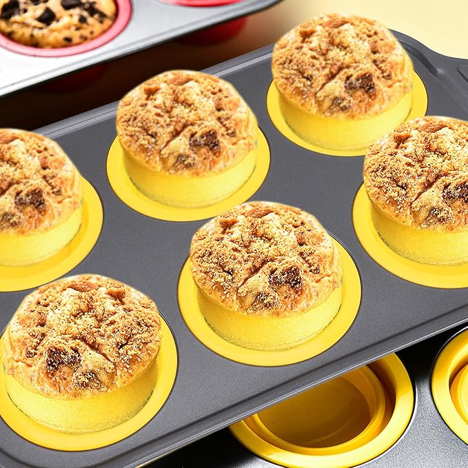 Zerodis Silicone Muffin Pan, Foldable Cupcake Baking Tray Non Stick Cake Maker Tray for Bread Tart Desserts Doughnut (Yellow)
