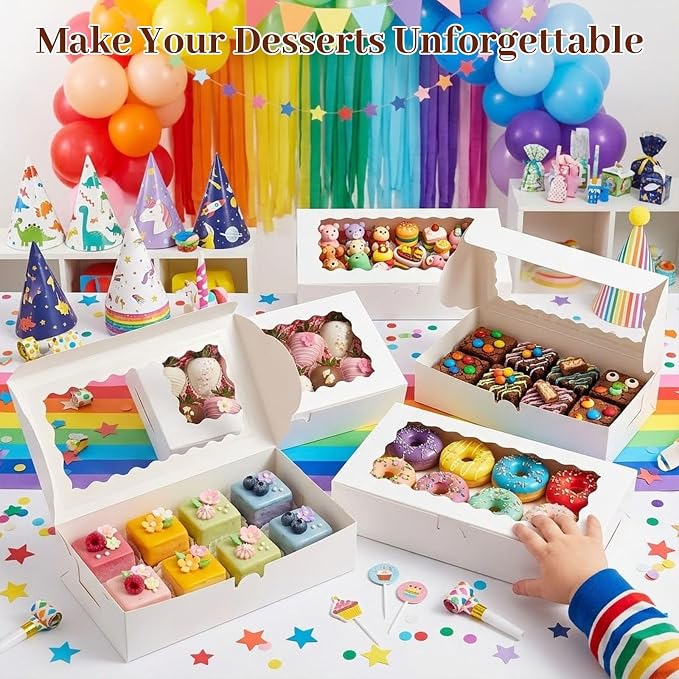 VGOODALL 30PCS Cookie Boxes,12x5.5x2.6Inches White Bakery Boxes with Window Cupcake Containers for Pastry Candy Cupcake Strawberry, Party Supplies