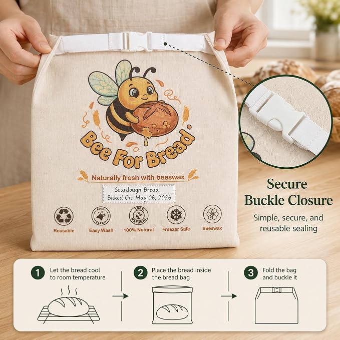 Beeswax Bread Bags for Homemade Bread Sourdough, 2 Pack XL Organic Cotton Linen Beeswax Bread Bag, Reusable Food Storage with Dry Erase Strip, Keeps Fresh, Freezer Safe, Easy Wash, Eco-Friendly