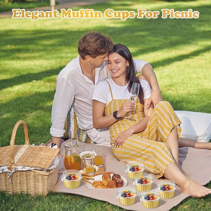 Gejoy 600 Pcs Aluminum Foil Baking Cups with Lids 5 oz Disposable Ramekins Mini Cake Pans Creme Brulee Cupcake Liners Muffin Dessert Container for Wedding Birthday Party (Classic,Gold Color)
