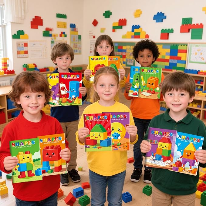 BenLouis 12 Building Block Mini Coloring Books Kids with 12 Stacking Crayons Geometric Shapes Party Favors Small Activity Books Bulk for Kids Building Party Gift Goodie Bag Stuffers