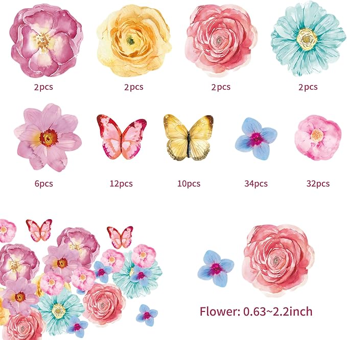 102Pcs Edible Flowers & Butterfly Cake Topper Cupcake Toppers Wafer Paper Wedding Themed Party Birthday Party Decoration Supplies Mixed Size & Colour