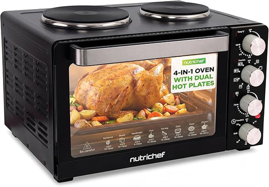 NutriChef 30 Quart Kitchen Convection Oven & 2 Burner Cooker - 1500 Watt Oven - 7 Cook Functions Rotisserie, Cook, Bake, Broil & More - Includes Baking Tray, Skewers & Handles - 19.6 x 16.0 x 13.5 IN