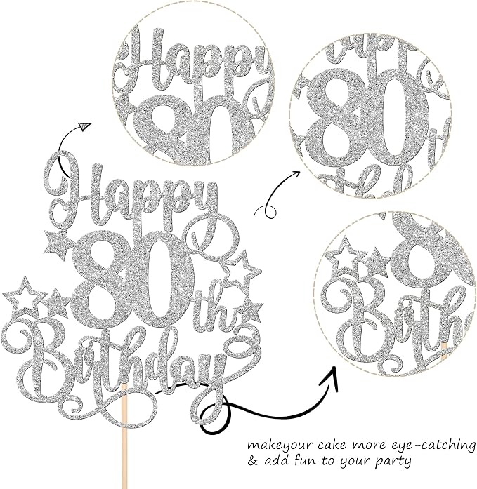 1 PCS Happy 80th Birthday Cake Topper Glitter Cheers to 80 Years Birthday Cake Pick Hello 80 Fabulous Cake Decoration for Happy 80th Birthday Anniversary Party Decorations Supplies Silver