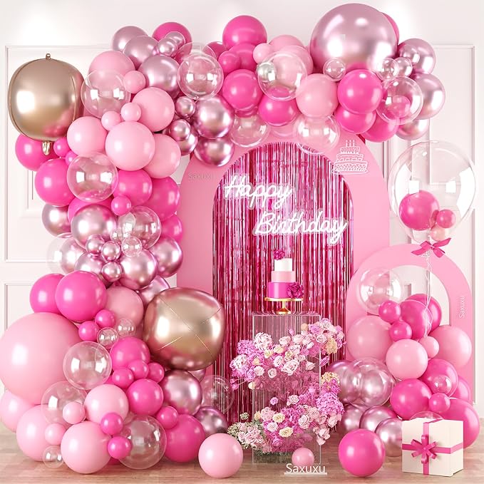 Pink Balloon Arch Kit, Pink Balloon Garland Arch Kit, Rose Gold 4d Round Foil Balloons, Macaron Light Metallic Latex Helium Clear Balloons For Girls Women Birthday Baby Shower Party Wedding Decor