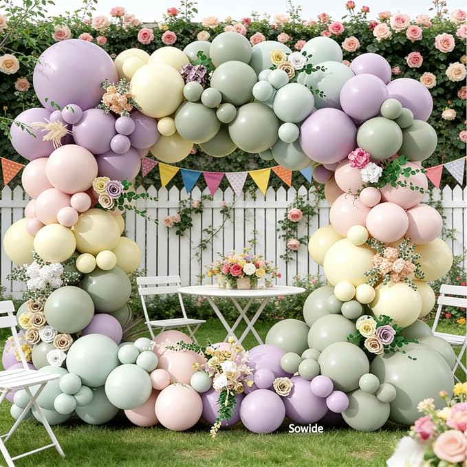 Pink Purple Green Balloon Arch Kit, 122Pcs Dusty Pink Light Green Macaron Yellow Pastel Balloons for Kids Girl Flower Party Decorations Spring Baby Shower Wedding Engagement Fairy Birthday Supplies