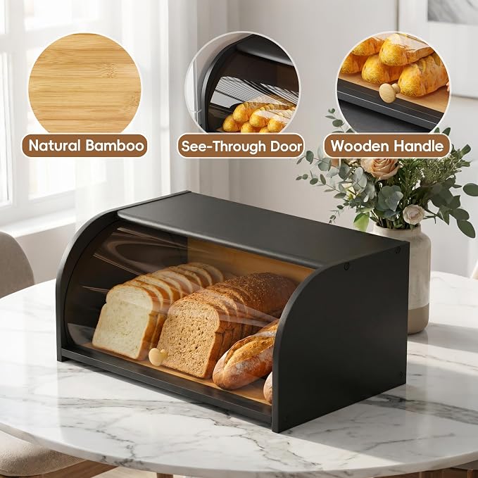 Roll Top Bread Container for Kitchen Countertop, Bamboo Bread Box with Clear Lid, Bread Container Storage（Black without cutting board）