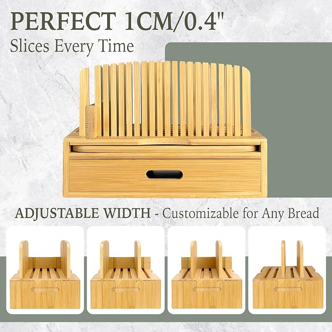 Bamboo Bread Slicer for Homemade Bread, Adjustable Cutter Guide with Crumb Tray, Storage Drawer and Serving Board, Compact Slicing Tool for Even Sourdough and Sandwich Loaf Cuts