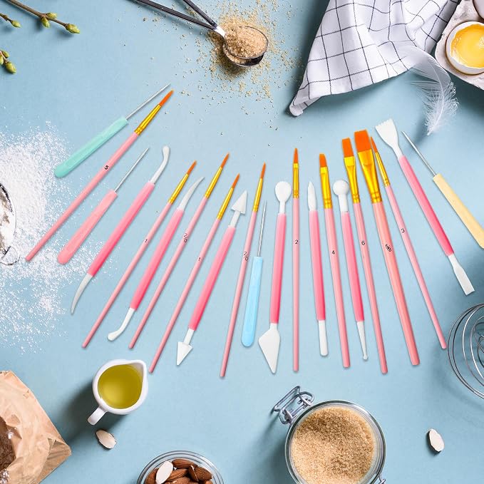 24 Pieces Cookie Decorating Fondant Cake Decorating Tool Set Include Brushes Sugar Stir Needle Fondant Modeling Tool Elbow and Straight Tweezer(Pink)