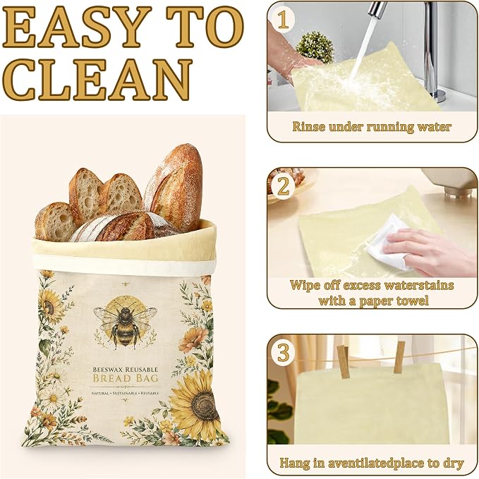 Bee Sunflower Bread Bags for Homemade Bread, Botanical Garden 2 Pack Linen and Beeswax Sourdough Storage Bags, Reusable Keeper, Keeps Breads Fresh Longer, Gifts for Bakers