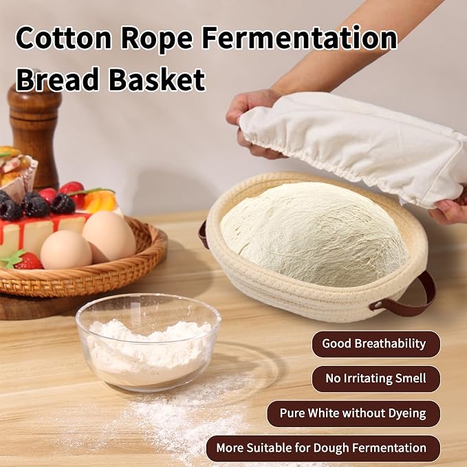 2 Pack Banneton Bread Baskets, Handmade Cotton Rope Weaving Sourdough Bread Baking Supplies, 10 inch Round & 10 inch Oval Bread Basket, Family Baking Tools with Liner