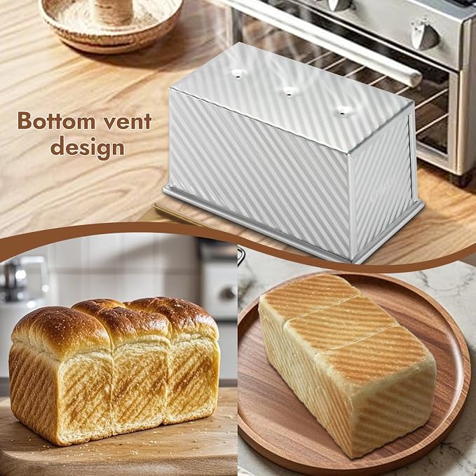 CURTA Commercial Pullman Loaf Pan with Lid 1 lb Dough Capacity Non-Stick Bakeware for Baking Bread, Corrugated Bread Bread loaf pan, Single Sided Silver 1pcs