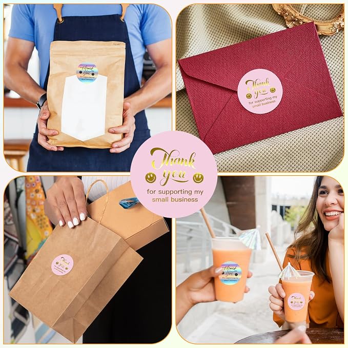 1000 PCS Thank You Stickers for Small Business, Pink and Rose Gold | 1.5 Inch, Smile Design Stickers, Envelope Seals for Packaging, Gift Bags, Boxes