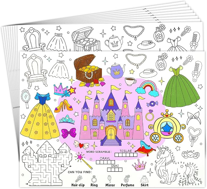 45pcs Princess Disposable Coloring Placemats Fairy Tale Crafts for Kids Birthday Party Favors Coloring Poster Castle Crown Unicorn Magic Tiara Activity Church Supplies Paper Table Mats