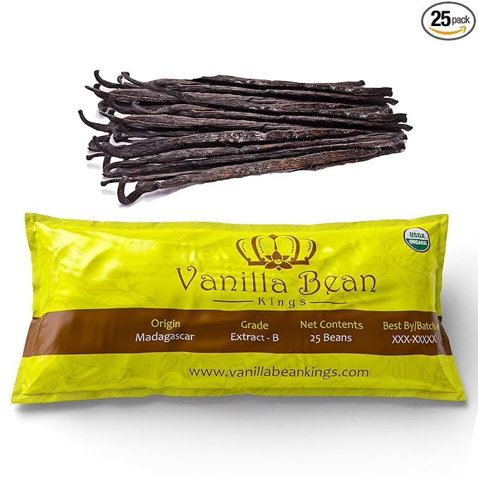25 Organic Madagascar Vanilla Beans - Whole Extract Grade B Pods for Baking, Homemade Extract, Brewing, Coffee, Cooking