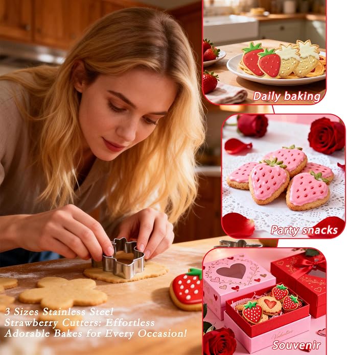 3 Piece Strawberry Cookie Cutter Set Stainless Steel Strawberry Shaped Cutters for Baking Cookies Fondant Dough Dishwasher Safe with Sizes 3.5 2.5 1.5 Inch