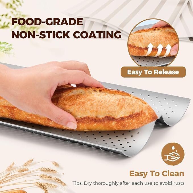 Yupjlia Baguette Bread Pan, Premium Nonstick Perforated French Bread Baking Pan, 2 Loaves Baguette Tray for Sourdough, Italian Bread Baking, Perfect for Creating Crisp Golden-Brown Crust