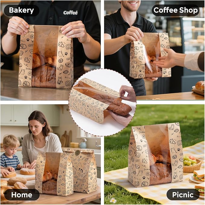 24PCS Paper Bread Bags for Homemade Bread and Sourdough, Clear Window Bakery Bags for Storage and Gifting, 50% Thicker Kraft Material, Includes Sealing Stickers