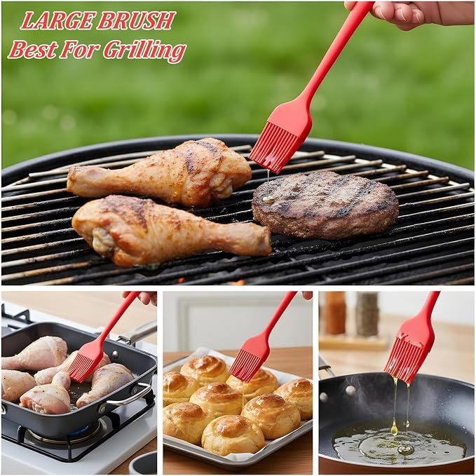 2 PCS Basting Brush, 2 Sizes Silicone Heat Resistant BBQ Brushes for Sauce Reusable Red Silicone Pastry Brush for Kitchen Cooking Sauce Butter BBQ Marinade Grill Supplies