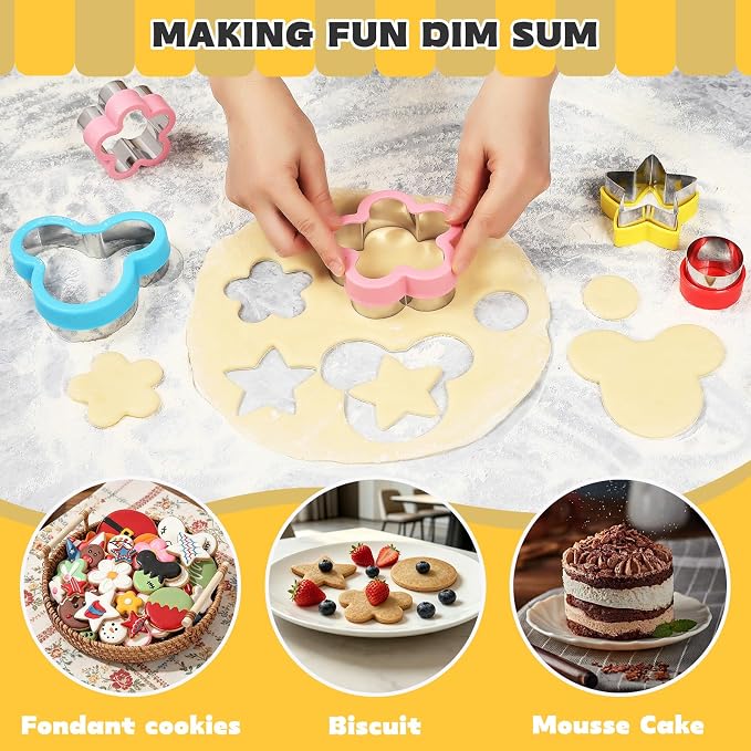 12 PCS Cookie Cutter Set, Stainless Steel with Safety Grip, Round Star Flower Cartoon Mouse Shapes in 3 Sizes, for DIY Baking, Holiday Party, Cake Decor, Sandwich and Fruit Cutter