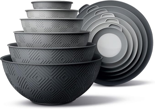 COOK WITH COLOR Mixing Bowls with Lids - 12 Piece Plastic Nesting Bowls Set includes 6 Prep Bowls and 6 Lids, Microwave Safe Mixing Bowl Set, Grey Rhombus