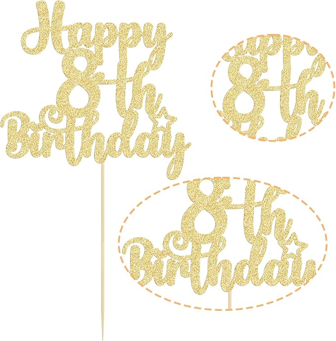 Gyufise 1Pc Happy 8th Birthday Cake Topper Glitter 8 & Fabulous Cheers to 8 Years Old Birthday Cake Pick for Celebrating 8th Anniversary Party Cake Decorations Supplies Gold