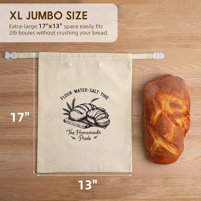 2 Pack Double-Layer Beeswax Sourdough Bread Bags, Reusable Organic Cotton Bread Bag with Detachable Beeswax Liner & Roll-top Buckle, Keeps Homemade Loaves Fresh Longer, XL Capacity | Washable linen shell