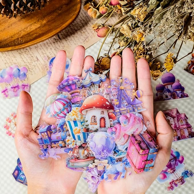 50 pcs Watercolor Carnival Fairytale Amusement Park Clear PET Stickers, Hot Air Balloon Carousel Unicorn Castle Transparent Die-Cut Decals for Journal Scrapbook Planner Kids Party DIY Craft Decor