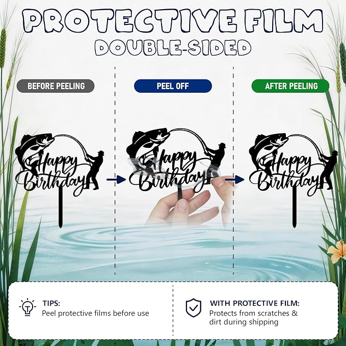 Fishing Happy Birthday Cake Topper, Large Mouth Bass & Fish Rod Silhouette Acrylic Cake Pick, Gone Fishing Themed Cake Decoration for Angler Dad Grandpa Fisherman Birthday Party Supplies