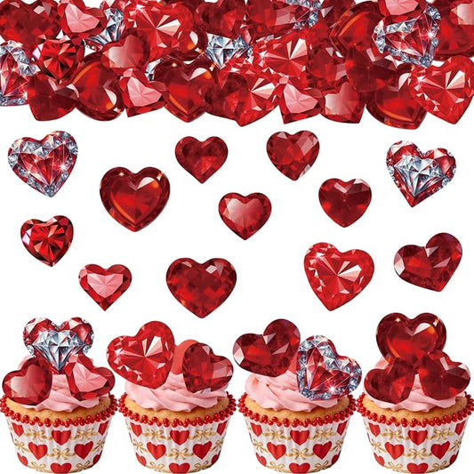 56PCS Edible Crystal Heart Cupcake Toppers Wafer Paper Red Diamond Heart Cupcake Picks Be Mine Cake Decor for Valentine's Day Theme Engagement Party Decoration Supplies